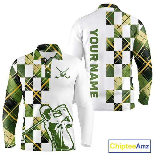 Personalized Green Tartan Plaid Mens Golf Polo Shirt, Custom Name Golf Shirt For Team NHT553