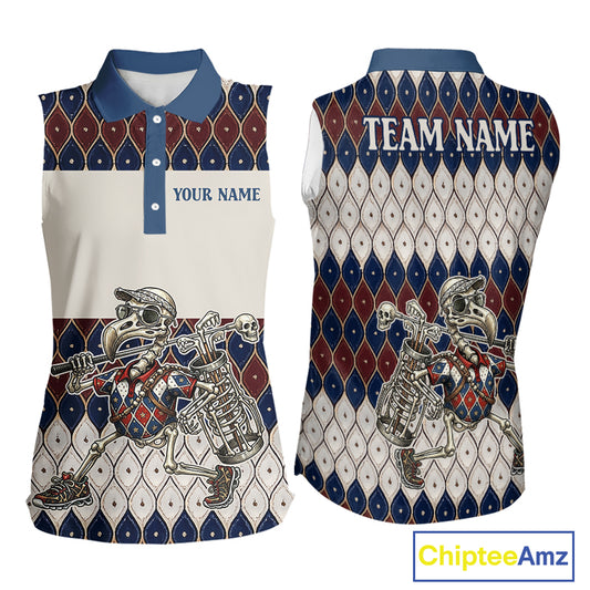 Custom Blue Red Argyle Sleeveless Womens Golf Polo Shirt Skull Flamingo Design, Personalized Team Name Shirt NHT794