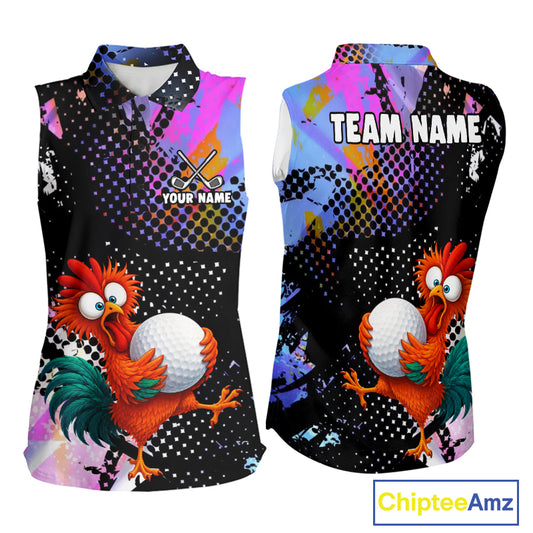 Custom Team Name Crazy Rooster Womens Sleeveless Golf Polo Shirt Personalized Womens Performance Golf Jersey