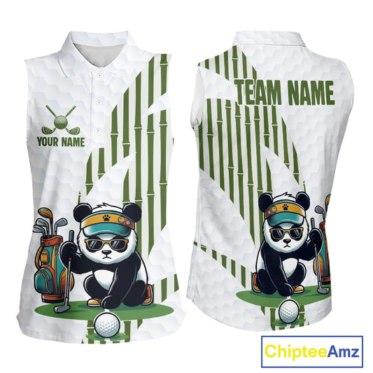 Custom Name Cool Panda Womens Sleeveless Golf Polo Shirt Funny Bamboo Panda Golfing Apparel