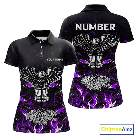 Personalized Womens Disc Golf Polo Shirt With Eagle Design, Customizable Name, Unisex Sports Jersey For Womens|Purple NHT813
