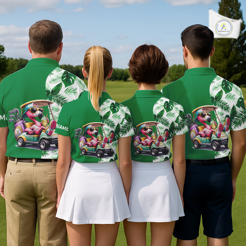 Personalized Tropical Leaf Green Golf Cart Design, Custom Flamingo Funny Womens Golf Polo Shirt NHT596
