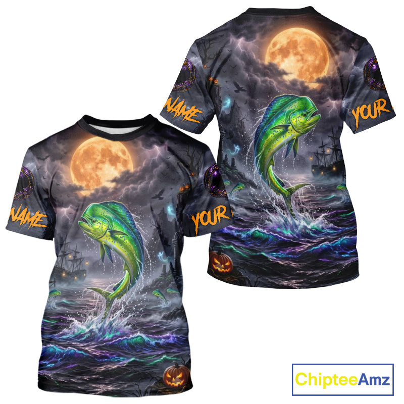 Front and back views of a short-sleeve t-shirt with an all-over Halloween print featuring a green jumping fish, a full moon, stormy clouds, waves, and jack-o'-lanterns. The sleeves have 'NAME' and 'YOUR' text placeholders, and a 'ChipteeAmz' logo is visible in the bottom right corner.