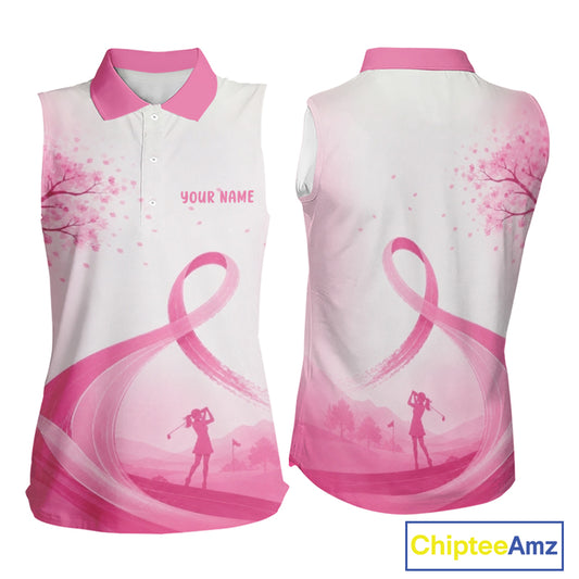 Breast Cancer Awareness Pink Ribbon Women's Sleeveless Golf Polo & Cherry Blossom Personalized Name Lady Golfer