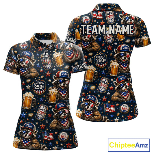 Personalized Women's Patriotic Raccoon Shirt Custom Name USA 250 Years Polo Funny Beer & Golf Lover Gift
