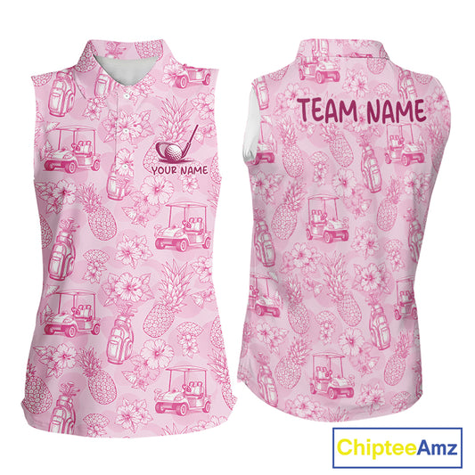 Funny Sleeveless Womens Golf Polo Shirt Pineapple Floral Golf Cart Pattern All Over Print Tropical Performance Top NHT842