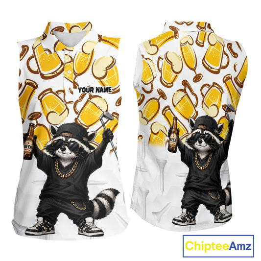 Funny Raccoon Beer Womens Sleeveless Golf Polo Shirt Personalized Name Custom Golf Shirt
