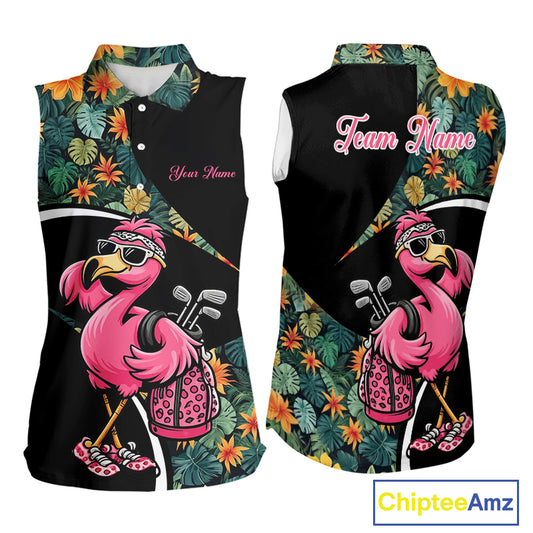 Funny Pink Flamingo Green Tropical Sleeveless Womens Golf Polo Shirt, Custom Flamingo Golf Shirt For Team NHT656