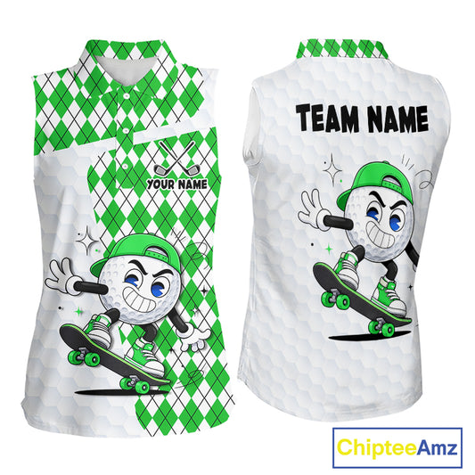 Sleeveless Women Golf Polo Shirt Argyle Pattern Golf Shirts For Womens Funny Golf Ball Shirt Gifts|Green NHT863