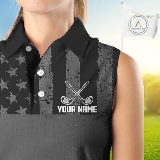 Black White American Flag Sleeveless Womens Golf Polo Shirts Custom Name, Team Name For Women Golf Gift NHT886