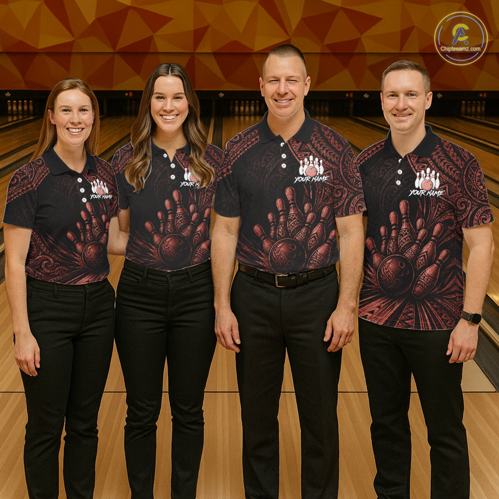 Custom Bowling League Shirt, Personalized Bowling Team Polo, Polynesian Tribal Bowling For Men|Red NHT1233