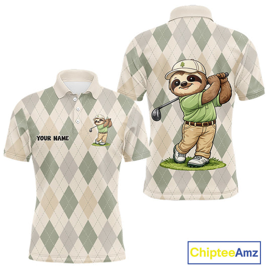 Personalized Sloth Golfer Polo Shirt Funny Golf Argyle Pattern Custom Name Golf Lover Gift