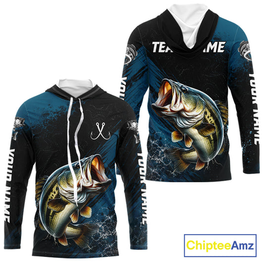 Custom Largemouth Bass Fishing Jersey Personalized Long Sleeve Hooded Shirt For Men