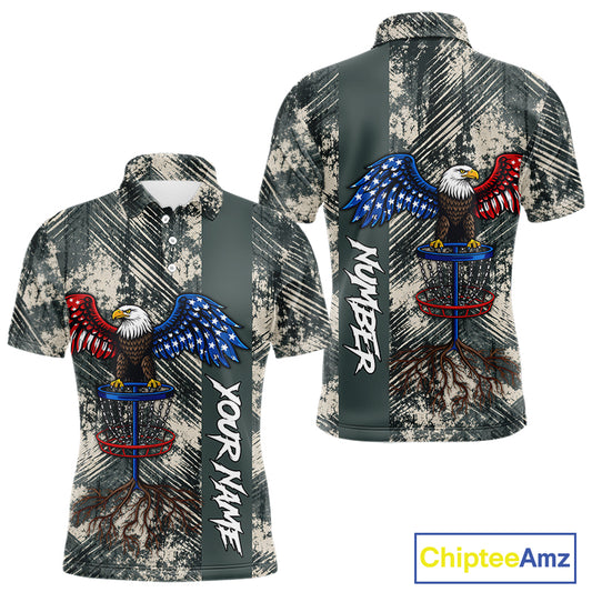 Disc Golf Polo Shirt With Patriotic Eagle Design, Customizable Name, Unisex Sports Jersey For Men NHT806