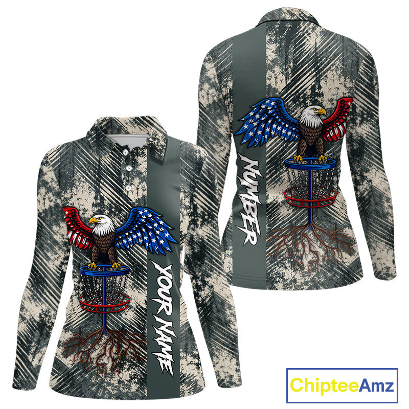 Disc Golf Polo Shirt With Patriotic Eagle Design, Customizable Name, Unisex Sports Jersey For Womens NHT806