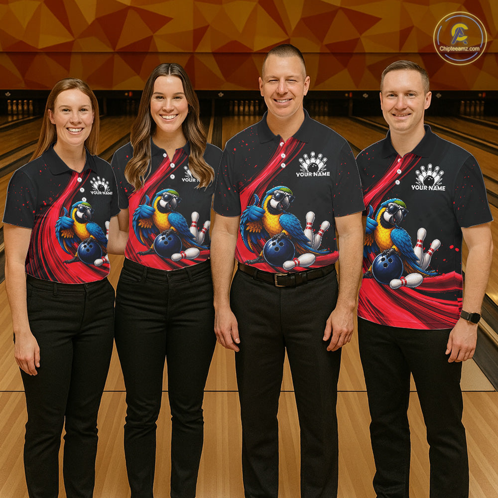 Blue Gold Macaw Bowling Shirt Custom Name Black Red Bowling Ball Personalized Team Jersey For Men NHT1272