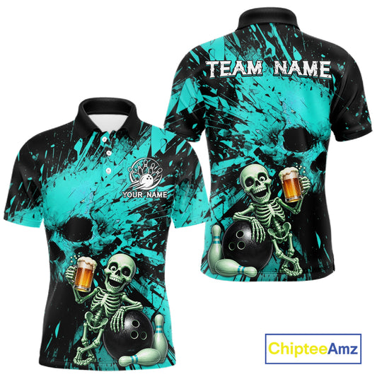 Teal and black polo shirt with skeleton design and 'Team Name' text on a white background.