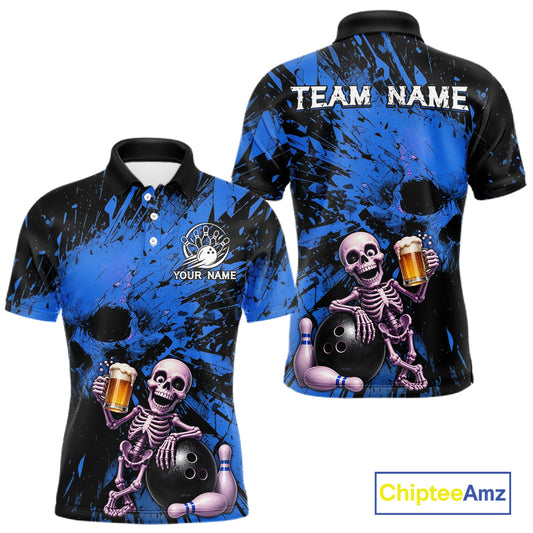 Custom Skeleton Beer Bowling Jersey, Blue Splatter Skull Polo & Quarter-Zip Shirt Gift For Men