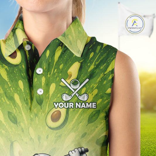 Person wearing a green golf-themed shirt with avocado design and 'Your Name' text on a blurred golf course background.