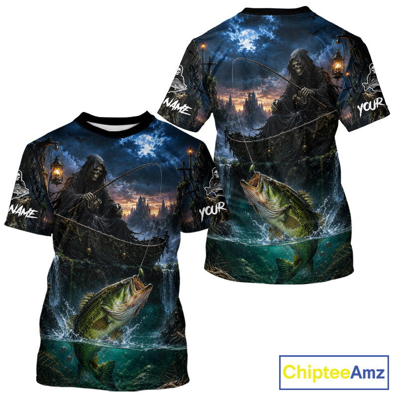 Grim Reaper Fishing Jersey, Largemouth Bass Short Sleeve Fishing T-Shirts UV Performance Shirt For Men