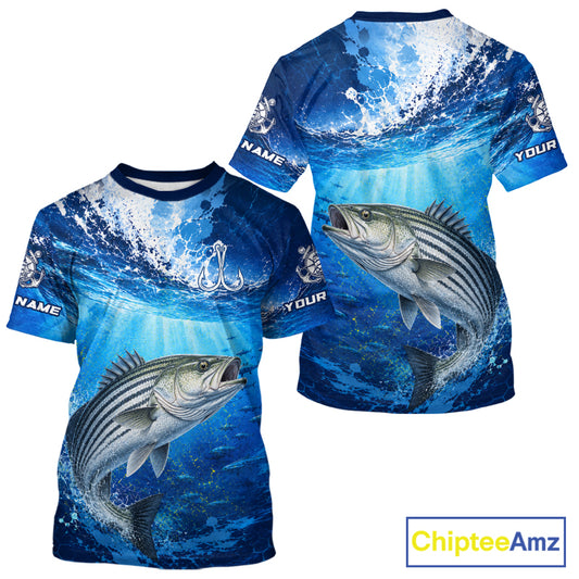 Striped Bass Short Sleeve T-Shirt Ocean Blue 3D All Over Print Performance Shirt