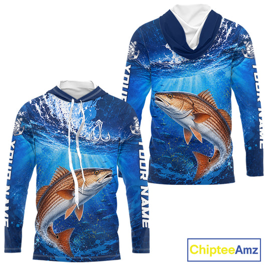 Redfish (Red Drum) Fishing Jersey Ocean Blue 3D All Over Print Long Sleeve Hooded Performance Shirt NHT1086