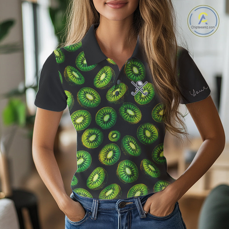Funny Colorful Kiwi In Dark Golf Women's Polo Shirt, Funny Fruit Pattern Polo Top NHT579