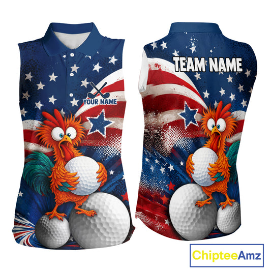 Front and back views of a sleeveless women's polo shirt featuring a patriotic American flag design with white stars and red-and-white stripes, plus a cartoon rooster holding golf balls. The shirt includes customizable text areas reading 'YOUR NAME' and 'TEAM NAME'.