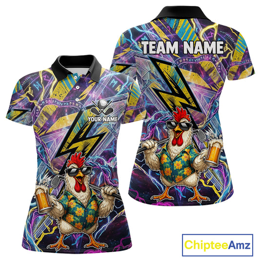 Custom short-sleeve polo shirt shown from front and back on a white background. The shirt features a vibrant, all-over graphic print with a cartoon chicken character wearing sunglasses and a floral shirt, holding beer mugs, with purple lightning bolts and abstract patterns.