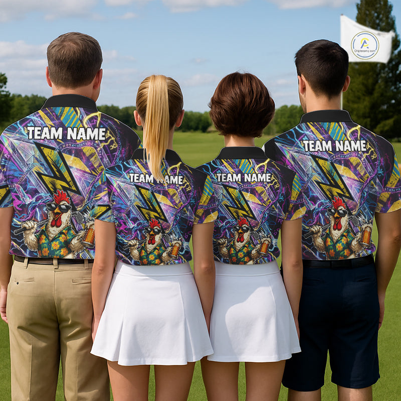 Funny Rooster Men Golf Polo Shirt Custom Name Purple Yellow Golf Team Shirt NHT1256