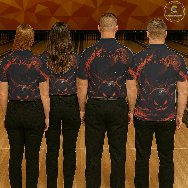 Personalized Halloween Bowling 1/4 Zip Polo Shirt For Women - Scary Pumpkin Team Name Jersey NHT1274