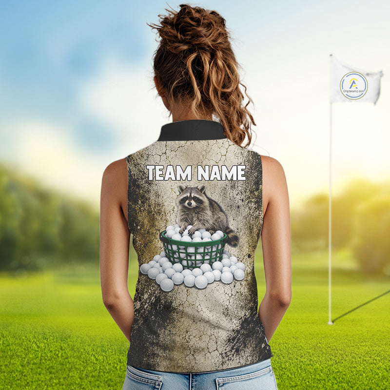 Person wearing a sleeveless shirt with a raccoon design and 'Team Name' text on a golf course.