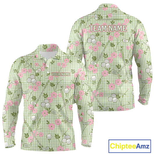 Floral Golf Polo Shirt Personalized Gingham Golf Shirt Custom Name Cute Golf Outfit For Mens Golf Gift NHT688
