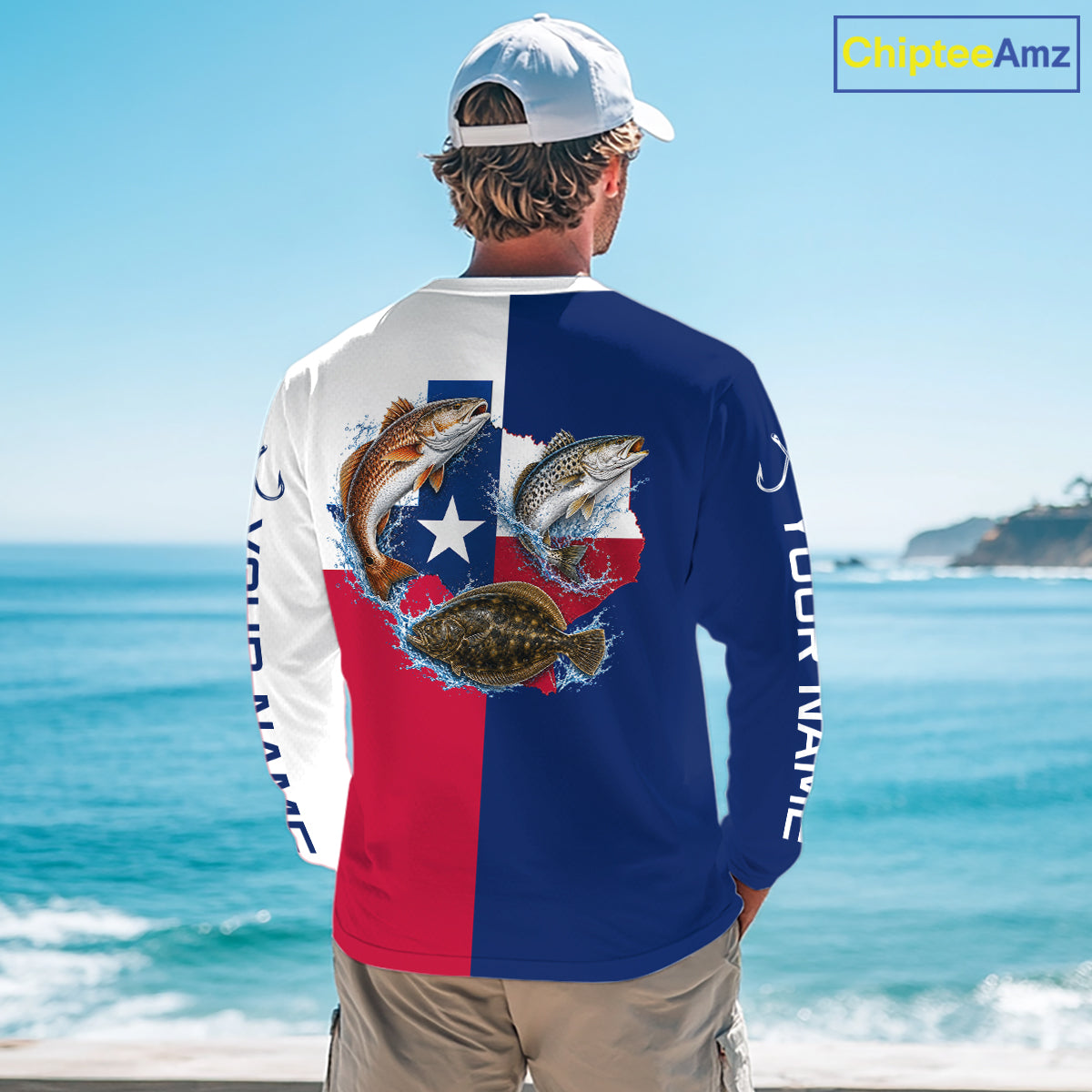 Texas Slam Long Sleeve Jersey With Redfish, Trout & Flounder Texas Saltwater Fishing Shirt For Men
