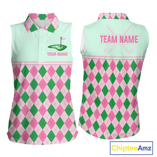 Pink Argyle Golf Polo Shirt Personalized Womens Sleeveless Golf Shirt Cute Preppy Golf Outfit Custom Name, Familly Team Shirts NHT691