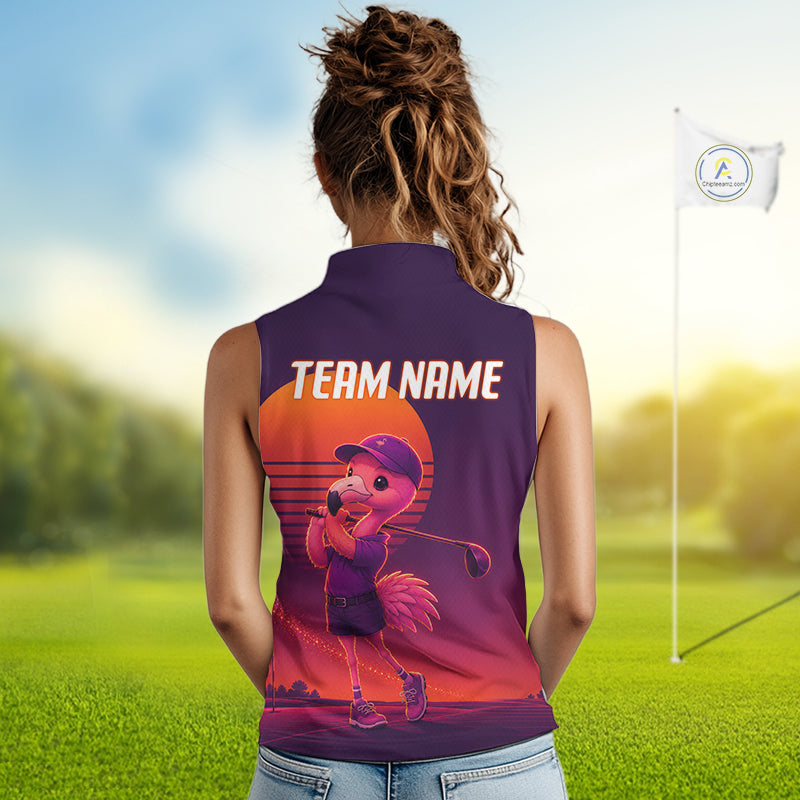 Personalized Flamingo Golf Shirt - Retro Sunset Womens Sleeeveless Golf Polo Shirt