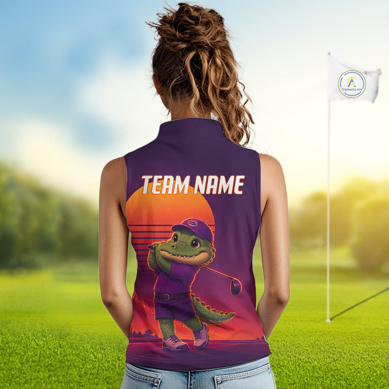 Personalized Alligator Golf Shirt - Retro Sunset Womens Sleeeveless Golf Polo Shirt