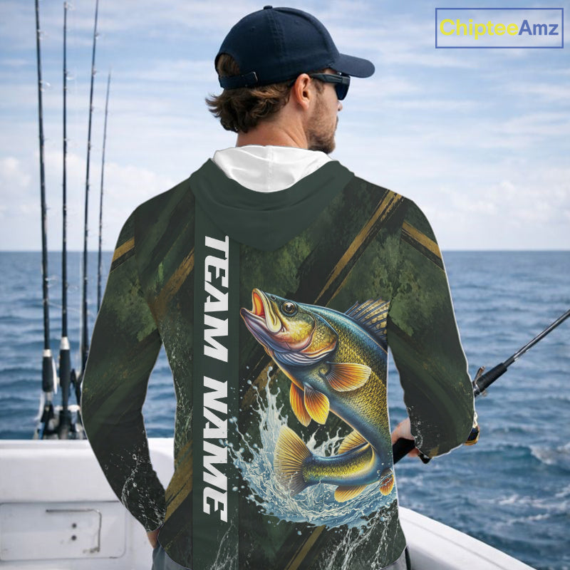 Personalized Hooded Walleye Fishing Jersey – Green Angler Shirt Custom Name, Fishing Gift For Men NHT876