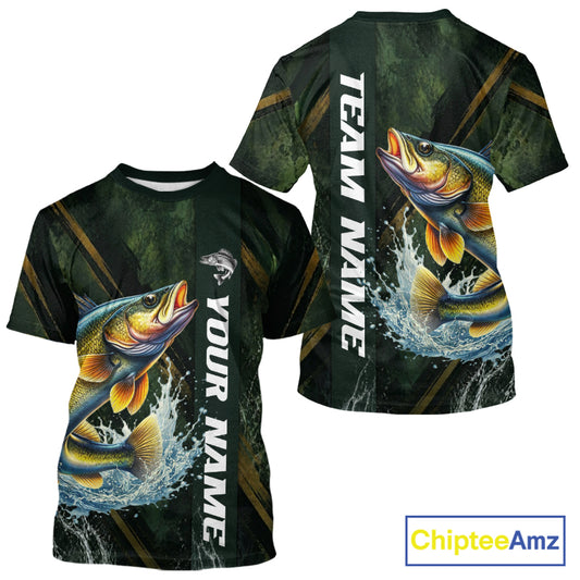 Personalized T-Shirts Walleye Fishing Jersey – Green Angler Shirt Custom Name, Fishing Gift For Men NHT876