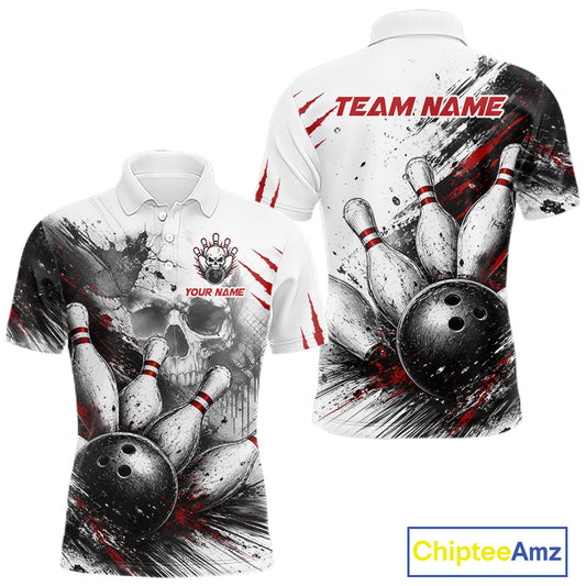 White short-sleeve polo shirt shown from front and back with a bowling-themed all-over print. The design features black and gray bowling balls and pins with red splatter accents, a skull graphic on the front chest, and red 'TEAM NAME' text on the back.