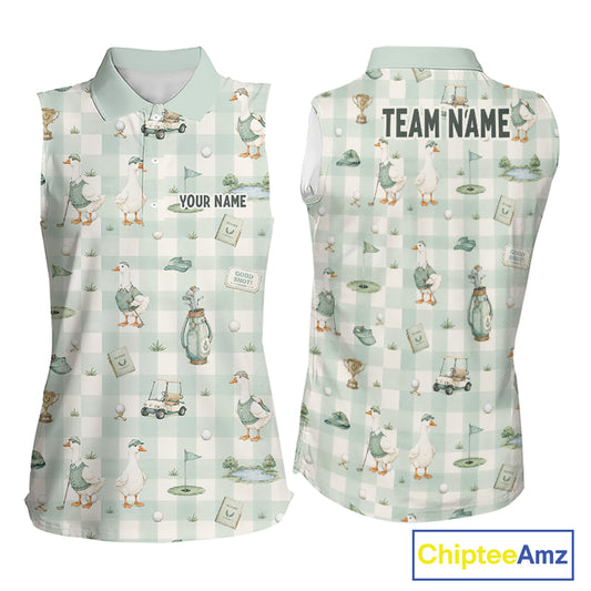 Front and back views of a sleeveless collared polo shirt with a golf-themed print featuring ducks, golf carts, clubs, and checkered pattern on a white and pale green background. The front has placeholder text 'YOUR NAME', and the back has 'TEAM NAME'.