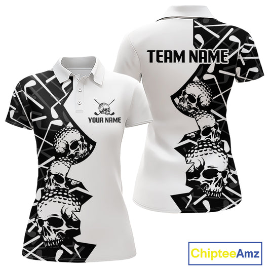 Custom Skull Womens Golf Polo Shirt Personalized Name, Golf Team Polo Jersey| Black