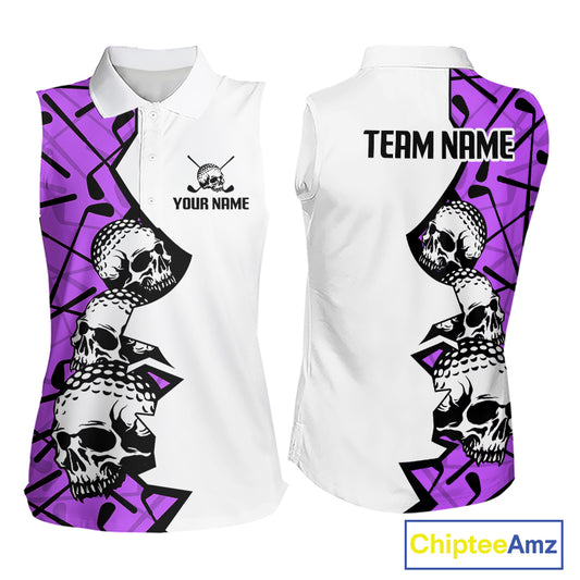 Custom Skull Womens Sleeveless Golf Polo Shirt Personalized Name, Golf Team Polo Jersey| Purple