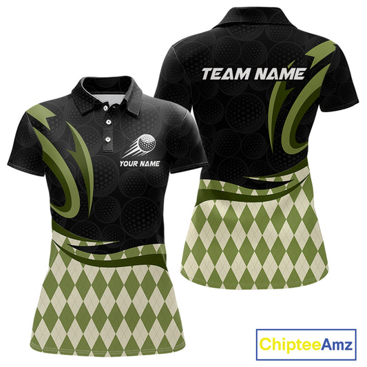 Personalized Womens Golf Polo Shirt Custom Name, Black Green Argyle Golf Team Polo