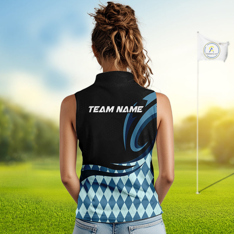 Personalized Womens Sleeveless Golf Polo Shirt Custom Name, Black Blue Argyle Golf Team Polo