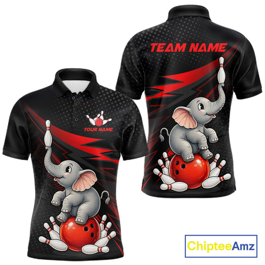 Custom short-sleeve polo shirt shown from the front and back, featuring a cartoon gray elephant balancing on a red bowling ball with bowling pins. The shirt has a black and dark gray dotted pattern with red lightning accents, customizable text on the chest, and 'TEAM NAME' printed on the back.