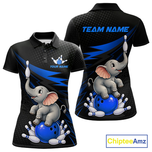 Custom black short-sleeve polo shirt shown from the front and back, featuring a cartoon baby elephant bowling on a blue ball with white pins, blue lightning accents, and customizable text areas on the chest and back. A ChipteeAmz logo is visible in the bottom right corner.