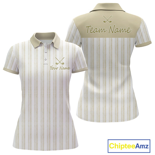 Personalized Golf Polo Shirt Beige Striped Custom Team Name Polo For Womens