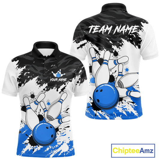 Front and back views of a short-sleeve custom polo shirt featuring a bowling theme with blue bowling balls, white bowling pins, black and white paint splatters, and customizable text placeholders 'TEAM NAME' and 'YOUR NAME'.