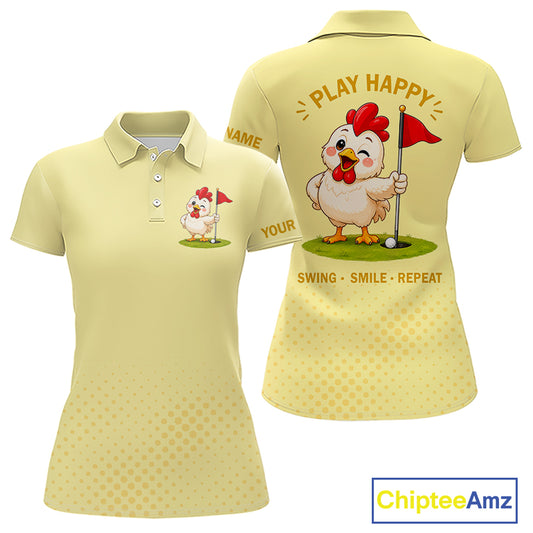 Personalized Funny Chicken Golf Polo Shirt for Womens Play Happy Swing Smile Repeat